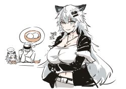 Rule 34 | ..., 1girl, 1other, animal ears, arknights, arms under breasts, artist name, bandeau, black coat, bowl, breasts, chibi, chinese commentary, cleavage, coat, collarbone, commentary request, crossed arms, dated, dated commentary, doctor (arknights), egg, grey eyes, grin, hair between eyes, hair ornament, hairclip, highres, jewelry, lappland (arknights), large breasts, long hair, long sleeves, looking at viewer, messy hair, navel, necklace, open clothes, open coat, partially colored, phoenixlotus, scar, scar across eye, scar on face, signature, simple background, sketch, smile, smirk, spoken ellipsis, thinking, thought bubble, uneven eyes, white background, white bandeau, white hair, wolf ears, wolf girl