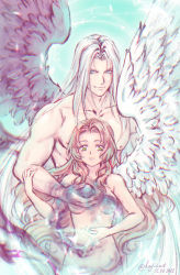 Rule 34 | 1boy, 1girl, aerith gainsborough, aqua eyes, black wings, breasts, brown hair, cowboy shot, dated, feathered wings, final fantasy, final fantasy vii, final fantasy vii remake, green eyes, grey hair, hand on another&#039;s arm, highres, kay-i, lifestream, long bangs, long hair, looking at viewer, materia, medium breasts, nude, parted bangs, sephiroth, sidelocks, single wing, toned, toned male, twitter username, underboob, wavy hair, white wings, wings