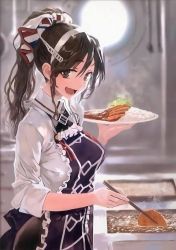 Rule 34 | 10s, 1girl, :d, adapted costume, alternate hairstyle, annotated, apron, ashigara (kancolle), ashigara kai ni (kancolle), blouse, blurry, bob (biyonbiyon), brown eyes, brown hair, chopsticks, collared shirt, cooking, curry, curry rice, depth of field, fangs, food, frilled apron, frills, from side, hair between eyes, hair up, hairband, holding, holding plate, kantai collection, katsu (food), katsudon (food), long hair, looking at viewer, official art, open mouth, plate, ponytail, porthole, raised eyebrow, rice, shirt, sidelocks, sleeves rolled up, smile, solo, steam, teeth, upper body, wavy hair, white shirt, window