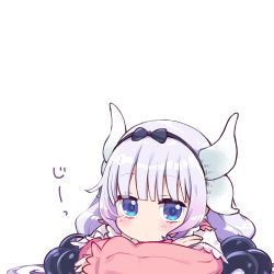 Rule 34 | 1girl, beads, black bow, black headband, blue eyes, blunt bangs, blush, bow, chibi, closed mouth, commentary, crossed arms, dot mouth, dragon girl, dragon horns, female focus, hair beads, hair ornament, hair spread out, headband, horns, kanna kamui, kobayashi-san chi no maidragon, long hair, long sleeves, looking at viewer, no nose, pikomarie, pink sweater, portrait, purple hair, sidelocks, simple background, solo, sweater, translated, upper body, white background, white horns