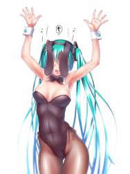 Rule 34 | 1girl, animal ears, aqua hair, arms up, black bow, black bowtie, black leotard, bow, bowtie, breasts, brown pantyhose, cameltoe, covering own eyes, cowboy shot, detached collar, failure, fake animal ears, gluteal fold, hatsune miku, highres, leotard, long hair, medium breasts, open mouth, pantyhose, playboy bunny, rabbit ears, simple background, smile, solo, standing, strapless, strapless leotard, thigh gap, twintails, very long hair, vocaloid, white background, wokada, wrist cuffs