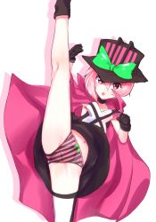Rule 34 | 1girl, asymmetrical legwear, bad id, bad pixiv id, black footwear, black gloves, black hat, black skirt, borrowed character, bow, bow panties, cape, clenched hand, commentary, crotch seam, genderswap, genderswap (mtf), gloves, green bow, hat, hat bow, highres, kamen rider, kamen rider dcd, kamen rider decade, kicking, kneepits, leg up, looking at viewer, navel, open mouth, panties, pink cape, pink eyes, pink hair, pink panties, rider-tan, shadow, shirt, short hair, simple background, single thighhigh, skirt, solo, standing, striped clothes, striped panties, thighhighs, top hat, underwear, uneven legwear, upskirt, vertical-striped clothes, vertical-striped panties, white background, white shirt, white thighhighs, yoi naosuke