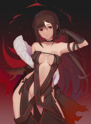 Rule 34 | 1girl, black dress, breasts, brown hair, center opening, choker, collarbone, commentary request, dress, fate/grand order, fate (series), fur trim, highres, komi (komiking), long hair, looking at viewer, medium breasts, navel, no bra, no panties, red eyes, revealing clothes, side-tie dress, solo, strapless, strapless dress, very long hair, yu mei-ren (fate)