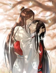 Rule 34 | 2boys, bishounen, black hair, blurry, blurry background, brown hair, bug, butterfly, chinese clothes, closed eyes, earrings, eyepatch, from side, hair bun, hand in another&#039;s hair, highres, hua cheng, hug, insect, jewelry, light rays, long hair, long sleeves, looking at another, looking up, makura wet, male focus, multiple boys, parted bangs, profile, red skirt, shirt, single hair bun, skirt, smile, tianguan cifu, very long hair, white butterfly, white shirt, wide sleeves, xie lian, yaoi