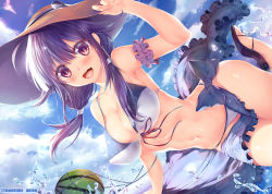 Rule 34 | 10s, 1girl, :d, bare shoulders, bikini, black hair, blush, bow, breasts, brown eyes, cleavage, day, eyebrows, food, fruit, hand on headwear, hat, kantai collection, large breasts, looking at viewer, navel, obiwan, open mouth, outdoors, ribbon, sarong, shoes, sky, smile, solo, sparkle, sun hat, swimsuit, taigei (kancolle), water, watermelon, white bikini