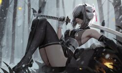 Rule 34 | 1girl, 2b (nier:automata), armpits, bird, black blindfold, black dress, black footwear, black thighhighs, blindfold, breasts, dress, forest, fox mask, gloves, grey hair, highres, holding, holding sword, holding weapon, katana, lips, mask, mask on head, nature, neo (neorarty3), nier:automata, nier (series), sleeveless, sleeveless dress, snow, snowing, solo, sword, thighhighs, thighs, tree, weapon, white gloves, white tassel