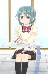 Rule 34 | 1girl, between legs, black skirt, black socks, blue eyes, blue hair, blush, bow, bowtie, closed mouth, desk, embarrassed, female focus, flat chest, hair ornament, hairclip, half-closed eyes, hand between legs, hand up, have to pee, highres, holding, holding pencil, indoors, juliet sleeves, kneehighs, long sleeves, mahou shoujo madoka magica, mahou shoujo madoka magica (anime), mechanical pencil, miki sayaka, miniskirt, nose blush, on chair, paper, pencil, plaid, plaid skirt, pleated skirt, ponnu (tnpn2yw), puffy sleeves, red bow, red bowtie, shirt, short hair, sidelocks, sitting, skirt, socks, solo, sweat, tile floor, tiles, wavy mouth, yellow shirt