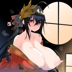 Rule 34 | 1girl, ahoge, areola slip, artist name, azur lane, bare shoulders, bea (bropmlk), black hair, blush, breasts, breath, collarbone, crossed bangs, dress, hair between eyes, hair ornament, hair ribbon, heart, highres, huge breasts, indoors, japanese clothes, kimono, lactation, large areolae, long hair, looking at viewer, motion lines, nipples, obi, off-shoulder dress, off shoulder, one breast out, open mouth, puffy areolae, red eyes, red kimono, ribbon, sash, sidelocks, skindentation, solo, steam, sweat, taihou (azur lane), twintails, very long hair, window