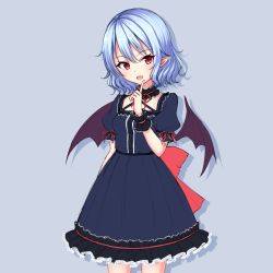 Rule 34 | 1girl, absurdres, alternate color, bat wings, black dress, blue background, blue hair, cowboy shot, dress, fang, finger to mouth, frilled dress, frills, highres, index finger raised, junior27016, lolita fashion, neck ribbon, open mouth, pointy ears, puffy short sleeves, puffy sleeves, purple background, red eyes, red ribbon, remilia scarlet, ribbon, short sleeves, solo, touhou, wings, wrist cuffs
