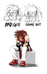 Rule 34 | 1boy, bad id, bad pixiv id, brown hair, fingerless gloves, frown, game console, gloves, guilty gear, handheld game console, happy, headset, highres, kihou kanshouzai, long hair, male focus, multiple views, muscular, playing games, ponytail, sitting, smile, sol badguy, spiked hair, vest, virtual boy