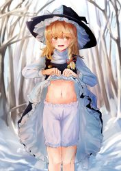 Rule 34 | 1girl, absurdres, black hat, blouse, braid, commentary request, embarrassed, exhibitionism, feet out of frame, hair between eyes, hat, highres, kirisame marisa, lifting own clothes, public indecency, shirt, side braid, single braid, solo, taguno, touhou, white shirt