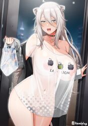 Rule 34 | 1girl, absurdres, animal ears, bag, blurry, blurry background, blush, breasts, city, collarbone, covered navel, cowboy shot, functionally nude, grey eyes, grey hair, groin, hair between eyes, handplug, highres, holding, holding bag, hololive, jacket, large areolae, large breasts, lion ears, lion tail, long sleeves, looking at viewer, matching hair/eyes, night, night sky, nipples, no bra, no panties, off shoulder, open mouth, outdoors, plastic bag, see-through, see-through shirt, shirt, shishiro botan, shishiro botan (casual), sky, smile, solo, standing, sweat, tail, virtual youtuber, white shirt