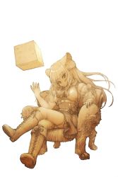 Rule 34 | 1girl, animal ear fluff, animal ears, arm garter, armchair, ascot, atelier fraulein, bare shoulders, boots, breasts, brown theme, chair, closed mouth, cross-laced footwear, crossed legs, cube, feral lemma, fingernails, full body, hand up, head tilt, high-waist skirt, highres, knee boots, lace-up boots, long hair, medium breasts, monochrome, on chair, sepia, shidou lio, shirt, sidelocks, simple background, sitting, skirt, sleeveless, sleeveless shirt, solo, thighhighs, very long hair, virtual youtuber, white background