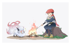 Rule 34 | 1boy, animal, animal in clothes, black hair, black shirt, bubble, campfire, closed eyes, cocoloco, commentary request, creatures (company), fire, food, game freak, gen 7 pokemon, grass, grey jacket, grey pants, hat, hisuian zorua, holding, holding stick, jacket, leaf, logo, male focus, marshmallow, nintendo, pants, pokemon, pokemon (creature), pokemon legends: arceus, rei (pokemon), rowlet, scarf, shirt, shoes, short hair, sitting, stick, tree stump, yellow footwear