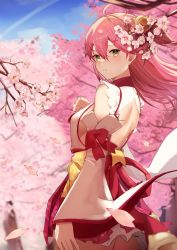 Rule 34 | 1girl, absurdres, ahoge, asymmetrical hair, back, backless outfit, bell, blue sky, blush, bow, branch, breasts, chamaru5963, cherry blossoms, clenched hand, commentary, cowboy shot, day, detached sleeves, floating hair, floral print, from side, green eyes, hair bell, hair between eyes, hair ornament, highres, hololive, long hair, looking at viewer, looking back, medium breasts, miniskirt, nontraditional miko, outdoors, parted lips, paw print, paw print pattern, petals, pink hair, red skirt, sakura miko, sakura miko (1st costume), side ponytail, sideboob, skirt, sky, solo, symbol-only commentary, tree, virtual youtuber, wide sleeves, wind, wind lift, x hair ornament, yellow bow