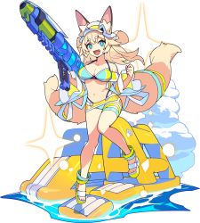Rule 34 | + +, 1girl, animal ear fluff, animal ear headwear, animal ears, anklet, artist request, bare shoulders, bikini, bikini skirt, blonde hair, blue eyes, blue ribbon, blush, breasts, cleavage, clenched hand, cloud, collarbone, day, fake animal ears, fang, female focus, finger on trigger, fox ears, fox girl, fox tail, full body, green ribbon, gun, hands up, happy, hat, highres, holding, holding gun, holding weapon, inaho (world flipper), jewelry, jumping, knees together feet apart, large breasts, leg up, light blush, long hair, long sleeves, looking at viewer, microskirt, multicolored bikini, multicolored clothes, multiple tails, non-web source, ocean, off shoulder, official alternate costume, official art, open mouth, outdoors, pencil skirt, ribbon, sandals, see-through, sidelocks, skirt, smile, solo, sparkle, swimsuit, tail, tail ornament, tail ribbon, thigh strap, transparent background, two tails, v-shaped eyebrows, visor cap, water, water gun, weapon, white hat, world flipper, yellow footwear, yellow skirt
