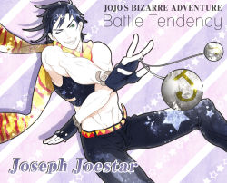 Rule 34 | 1boy, abs, bad id, bad pixiv id, ball, bare shoulders, battle tendency, belt, black hair, bola (weapon), character name, copyright name, electrical petit bourgeois, fingerless gloves, gloves, green eyes, grin, jojo no kimyou na bouken, joseph joestar, joseph joestar (young), male focus, midriff, muscular, one eye closed, scarf, sleeveless, smile, solo, star (symbol), striped, striped background, teeth, wink, yoma (4o5)