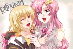 2girls aiai_x0301 blonde_hair blue_eyes blush breasts cagalli_yula_athha gundam gundam_seed gundam_seed_freedom hair_ornament holding holding_microphone jacket lacus_clyne long_hair looking_at_viewer microphone multiple_girls music official_alternate_costume one_eye_closed open_mouth pink_hair ribbed_sweater short_hair singing smile sweater turtleneck turtleneck_sweater upper_body very_long_hair yellow_eyes