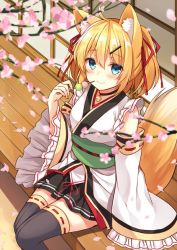 Rule 34 | 1girl, ahoge, animal ears, architecture, bad id, bad twitter id, bell, black skirt, black thighhighs, blonde hair, blue eyes, blurry, blush, cherry blossoms, choker, closed mouth, dango, depth of field, detached sleeves, east asian architecture, food, fox ears, fox girl, fox tail, frilled sleeves, frills, hair ribbon, hanami, holding, holding food, japanese clothes, jingle bell, long sleeves, looking at viewer, miko, neck bell, obi, original, red ribbon, ribbon, ribbon-trimmed legwear, ribbon trim, sash, shiromikan, sitting, skirt, smile, solo, tail, thighhighs, two side up, wagashi, wide sleeves, wooden floor