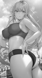Rule 34 | 1girl, absurdres, ass, bare arms, bare shoulders, blush, breasts, buruma, buruma pull, clothes pull, commentary request, from below, gentsuki, greyscale, highres, large breasts, long hair, looking at viewer, monochrome, original, outdoors, parted lips, ponytail, solo, sports bra