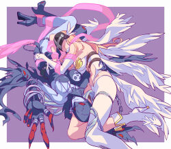 Rule 34 | 2girls, angel wings, angewomon, asymmetrical clothes, belt, black footwear, blonde hair, boots, bracelet, breasts, chain, clothing cutout, colored skin, covered eyes, digimon, feathered wings, futa yuri ryona, grey hair, grey skin, head wings, helmet, high heel boots, high heels, highres, hip vent, jewelry, ladydevimon, large breasts, lips, long fingers, long hair, lying, multiple girls, o-ring, outside border, red eyes, revealing clothes, ribbon, rotational symmetry, simple background, stomach cutout, torn clothes, v, white footwear, wings, yuri