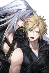 Rule 34 | 2boys, anger vein, annoyed, armor, black coat, black gloves, black vest, blonde hair, chest strap, closed eyes, cloud strife, coat, enshou (namarien), final fantasy, final fantasy vii, final fantasy vii advent children, furrowed brow, gloves, green eyes, grey hair, hand in another&#039;s hair, hand up, high collar, highres, long bangs, long hair, looking down, male focus, multiple boys, open clothes, open coat, open mouth, parted bangs, parted lips, pauldrons, sephiroth, short hair, shoulder armor, shoulder strap, simple background, single pauldron, smile, spiked hair, upper body, very long hair, vest, white background, yaoi