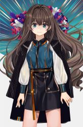 Rule 34 | 1girl, black skirt, blue eyes, blue jacket, blue nails, breasts, brown hair, closed mouth, cowboy shot, elisia valfelto, emphasis lines, fingernails, flower, grey background, hair between eyes, hair intakes, high-waist skirt, highres, jacket, long hair, long sleeves, looking at viewer, luicent, nail polish, original, puffy long sleeves, puffy sleeves, purple flower, red flower, shirt, single hair intake, skirt, sleeveless, sleeveless jacket, small breasts, smile, solo, standing, very long hair, white flower, white shirt