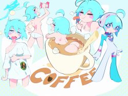 Rule 34 | &gt; &lt;, 1girl, aetherion, ahoge, aqua eyes, aqua hair, ass, bathing, blush, blush stickers, breasts, coffee, coffee cup, commentary, cropped legs, cup, disposable cup, eating, english commentary, english text, food, fork, full body, highres, in container, in cup, medium breasts, messy hair, morning, multicolored eyes, multiple views, original, panties, pink eyes, pouring, sausage, shirt, short hair, space girl (aetherion), underwear, white panties, white shirt
