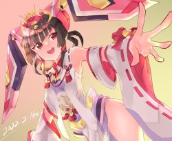 Rule 34 | 1girl, alternate costume, armpit peek, breasts, brown eyes, dated, detached sleeves, dress, headdress, highres, open mouth, pelvic curtain, pojitaro, senki zesshou symphogear, senki zesshou symphogear xd unlimited, small breasts, smile, solo, thighs, tsukuyomi shirabe, white dress