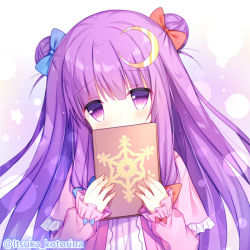 Rule 34 | 1girl, blue bow, blush, book, bow, capelet, covered mouth, crescent, crescent hair ornament, double bun, dress, fingernails, frilled capelet, frills, hair bow, hair ornament, hands up, holding, holding book, long hair, long sleeves, looking at viewer, patchouli knowledge, pink capelet, pink dress, pink eyes, purple hair, red bow, sleeves past wrists, snowflake print, solo, tengxiang lingnai, touhou, twitter username, upper body, very long hair