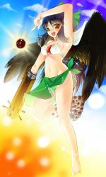 Rule 34 | 1girl, adapted costume, arm cannon, armpits, barefoot, bikini, black hair, black sun, black wings, breasts, covered erect nipples, feet, female focus, gun, highres, lace, long hair, looking at viewer, medium breasts, momoiro manjiryuu, navel, open mouth, pointing, red eyes, reiuji utsuho, sarong, shoes, single shoe, smile, solo, sun, swimsuit, touhou, weapon, wings