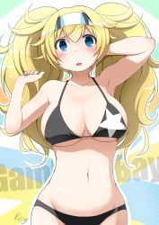 Rule 34 | 1girl, blonde hair, blue eyes, blush, bra, breasts, cleavage, collarbone, cowboy shot, earth ekami, gambier bay (kancolle), hair between eyes, hairband, highres, kantai collection, large breasts, long hair, looking at viewer, navel, open mouth, panties, solo, twintails, underwear