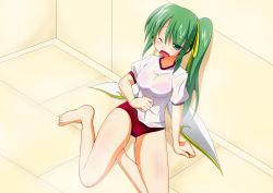 Rule 34 | 1girl, ;o, against wall, alternate costume, arm support, barefoot, blush, bra, breasts, commentary request, daiyousei, fairy wings, feet, green eyes, green hair, gym uniform, hair ribbon, highres, kurenaidahlia, one eye closed, ribbon, short sleeves, side ponytail, sweat, tile floor, tiles, touhou, underwear, wet, wet clothes, wings