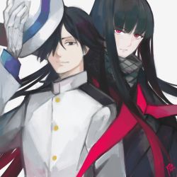 Rule 34 | 1boy, 1girl, black eyes, black hair, black scarf, bright pupils, closed mouth, dated, fate/grand order, fate (series), gloves, grey background, hair over one eye, half-closed eyes, hat, unworn hat, unworn headwear, highres, holding, holding clothes, holding hat, long hair, looking at viewer, moedredd, multicolored hair, oryou (fate), purple eyes, red hair, sakamoto ryouma (jin), scarf, signature, simple background, slit pupils, smile, two-tone hair, upper body, white gloves, white headwear, white pupils