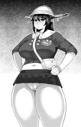 Rule 34 | 10s, 1girl, bad id, bad pixiv id, bag, belly, breasts, cameltoe, greyscale, hands on own hips, hat, highres, huge breasts, kantai collection, kindergarten bag, kindergarten uniform, long hair, monochrome, nagato (kancolle), name tag, navel, panties, plump, school hat, serious, skirt, solo, synecdoche, thick thighs, thighs, undersized clothes, underwear, uniform, white panties