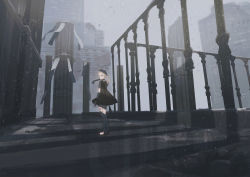 Rule 34 | 1girl, bare arms, bare shoulders, black collar, black dress, black footwear, brown hair, building, character request, chihuri, collar, dress, fio (nier), from behind, highres, leash, long hair, looking at viewer, looking back, nier (series), nier reincarnation, ruins, shoes, sleeveless, sleeveless dress, snowing, solo, twintails