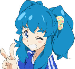 Rule 34 | 10s, 1girl, alternate hairstyle, blue eyes, blue hair, blue shirt, blush, eyelashes, grin, hair ornament, happinesscharge precure!, happy, long hair, looking at viewer, matching hair/eyes, one eye closed, precure, shirayuki hime, shirt, simple background, sketch, smile, solo, twintails, umanosuke, v, white background, wink