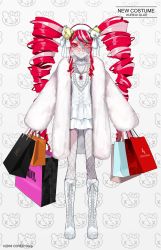 Rule 34 | 1girl, bag, boots, character hair ornament, character name, closed mouth, coat, dress, drill hair, fishnet pantyhose, fishnets, full body, fur coat, grey hair, hair ornament, hairband, heterochromia, highres, holding, holding bag, hololive, hololive indonesia, knee boots, kureiji ollie, kureiji ollie (mafia princess), lam (ramdayo), long hair, long sleeves, looking at viewer, multicolored hair, official art, open clothes, open coat, pantyhose, patchwork skin, red eyes, red hair, shopping bag, smile, solo, standing, stitched face, stitched leg, stitches, sunglasses, twin drills, twintails, two-tone hair, udin (kureiji ollie), very long hair, virtual youtuber, white coat, white dress, white footwear, white hairband, x-shaped eyewear, yellow eyes