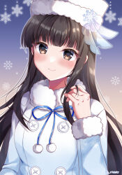 Rule 34 | 1girl, artist name, birthday, black hair, blue ribbon, blunt bangs, blush, breasts, brown eyes, buttons, closed mouth, coat, commentary request, dot nose, eyelashes, fingernails, fur-trimmed coat, fur collar, fur trim, gradient background, gradient clothes, gradient coat, hand in own hair, hand up, hat, high collar, hime cut, idol, idol clothes, idolmaster, idolmaster cinderella girls, kurokawa chiaki, long sleeves, looking back, medium bangs, medium breasts, multicolored clothes, multicolored coat, neck ribbon, official alternate costume, pom pom (clothes), ribbon, sakura umi, see-through, sidelocks, smile, snowflake background, snowflake hat ornament, snowflakes, solo, standing, straight-on, straight hair, twitter username, upper body, white hat, winter clothes