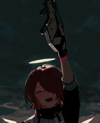 Rule 34 | 1girl, absurdres, arknights, arm up, black gloves, closed eyes, energy wings, exusiai (arknights), fingerless gloves, gloves, gun, hair over one eye, halo, highres, holding, holding gun, holding weapon, jacket, k1llg, kriss vector, open mouth, red hair, short hair, simple background, solo, submachine gun, upper body, weapon, wings