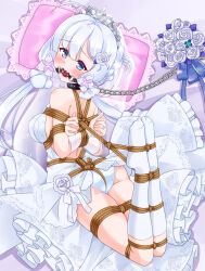 Rule 34 | 1girl, arms behind back, ass, azur lane, back, backless dress, backless outfit, ball gag, bare back, bare shoulders, bdsm, blue eyes, blush, bondage, bound, bound ankles, bound arms, bound legs, bound thighs, bound torso, bound wrists, breasts, bridal gauntlets, bridal veil, chain, chain leash, chained, collar, crotch rope, dimples of venus, dress, flower, from behind, full body, gag, gagged, hair ornament, highres, hogtie, illustrious (azur lane), illustrious (morning star of love and hope) (azur lane), kneehighs, leash, long hair, looking at viewer, looking back, medium breasts, mole, mole under eye, mukanata, official alternate costume, panties, restrained, rope, rose, shibari, shibari over clothes, slave, socks, solo, thighs, tiara, tri tails, underwear, veil, wedding dress, white dress, white flower, white hair, white panties, white rose, white socks