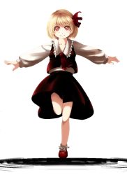 Rule 34 | 1girl, bare legs, blonde hair, blouse, full body, hair ribbon, looking at viewer, mary janes, orange eyes, outstretched arms, red eyes, red footwear, ribbon, rumia, shirt, shoes, short hair, simple background, skirt, smile, socks, spread arms, standing, standing on one leg, sugiura rippu, touhou, vest, white background