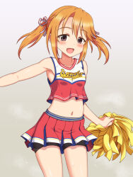 Rule 34 | 1girl, armpits, bare shoulders, bike shorts under skirt, blush, bow, breasts, cheerleader, collarbone, cowboy shot, crop top, cropped shirt, dot nose, grey background, hair between eyes, hair bow, hair ribbon, hand up, highres, holding, holding pom poms, idolmaster, idolmaster cinderella girls, idolmaster cinderella girls starlight stage, long hair, looking at viewer, midriff, miniskirt, navel, official alternate hairstyle, open mouth, orange hair, outstretched arm, pleated skirt, pom pom (cheerleading), pom poms, print shirt, red skirt, ribbon, shirt, simple background, skirt, sleeveless, sleeveless shirt, small breasts, smile, solo, standing, steam, striped ribbon, sweat, text print, twintails, two-tone shirt, white ribbon, yokoi rego, yuuki haru