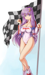 Rule 34 | 1girl, blue bow, blush, bow, bowtie, breasts, checkered flag, cleavage, crescent, crescent hair ornament, crescent pin, dress, flag, hair bow, hair ornament, hat, hat bow, highres, holding, holding flag, large breasts, leotard, long hair, looking at viewer, mob cap, namiki (remiter00), neck ribbon, patchouli knowledge, purple eyes, purple hair, purple hat, race queen, red bow, red bowtie, red ribbon, ribbon, shrug (clothing), smile, solo, striped clothes, striped dress, thighs, touhou