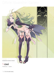 Rule 34 | 1girl, absurdres, ahoge, boots, cape, character name, fire emblem, fire emblem awakening, flat chest, full body, garter straps, gloves, green hair, highres, kozaki yuusuke, leaning forward, long hair, midriff, navel, nintendo, nowi (fire emblem), official art, one eye closed, open mouth, page number, parted bangs, pigeon-toed, pink thighhighs, pointy ears, ponytail, purple eyes, purple thighhighs, short shorts, shorts, simple background, smile, solo, standing, stomach, thigh boots, thighhighs, thighhighs under boots