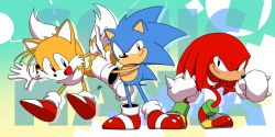 Rule 34 | 3boys, :d, animal nose, anniversary, banel springer, closed mouth, commentary request, copyright name, furry, furry male, gloves, highres, knuckles the echidna, male focus, multiple boys, multiple tails, open mouth, red footwear, shoes, smile, sneakers, snout, sonic (series), sonic mania, sonic the hedgehog, sonic the hedgehog (classic), tail, tails (sonic), thumbs up, two tails, white gloves