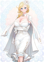 Rule 34 | 1girl, arms under breasts, azur lane, bag, blonde hair, blue eyes, blush, breasts, bride, cleavage, coat, coat on shoulders, commentary request, crossed arms, dress, duplicate, earrings, elbow gloves, flower, gloves, hair flower, hair ornament, hair over shoulder, handbag, highres, holding, holding bag, hood (azur lane), hood (dawnlight&#039;s dame) (azur lane), jewelry, large breasts, long skirt, md5 mismatch, necklace, official alternate costume, open clothes, open coat, pixel-perfect duplicate, rose, sai-go, skirt, smile, standing, wedding dress, white bag, white coat, white dress, white flower, white gloves, white rose