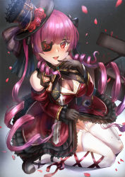 Rule 34 | 1girl, bare shoulders, black gloves, blush, bodystocking, breasts, cleavage, clock, commentary request, corset, dress, eyepatch, frilled dress, frills, gloves, gothic lolita, hat, himonoata, hololive, houshou marine, houshou marine (gothic lolita), large breasts, leotard, leotard under clothes, lolita fashion, long hair, looking at viewer, open mouth, red dress, red eyes, red hair, ribbon, see-through, see-through cleavage, see-through leotard, smile, solo, thighhighs, twintails, virtual youtuber, white thighhighs