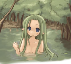 Rule 34 | 7010, blue eyes, forest, green hair, long hair, lowres, nature, pointy ears, solo, water