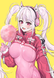 Rule 34 | 1girl, :d, absurdres, alice (nikke), animal ear headphones, animal ears, blush, bodysuit, breasts, clothes writing, cotton candy, fake animal ears, food, gloves, goddess of victory: nikke, hair intakes, headphones, headset, helandyck, highres, holding, holding food, impossible bodysuit, impossible clothes, jacket, latex, latex bodysuit, long hair, medium breasts, multicolored clothes, multicolored gloves, open mouth, pink bodysuit, pink eyes, red jacket, shiny clothes, shrug (clothing), simple background, smile, solo, twintails, upper body, white hair, yellow background